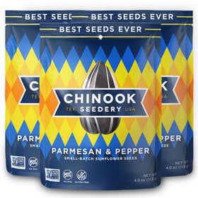 Chinook Seedery Parmesan & Pepper roasted sunflower seeds front view; savory, protein-rich snack