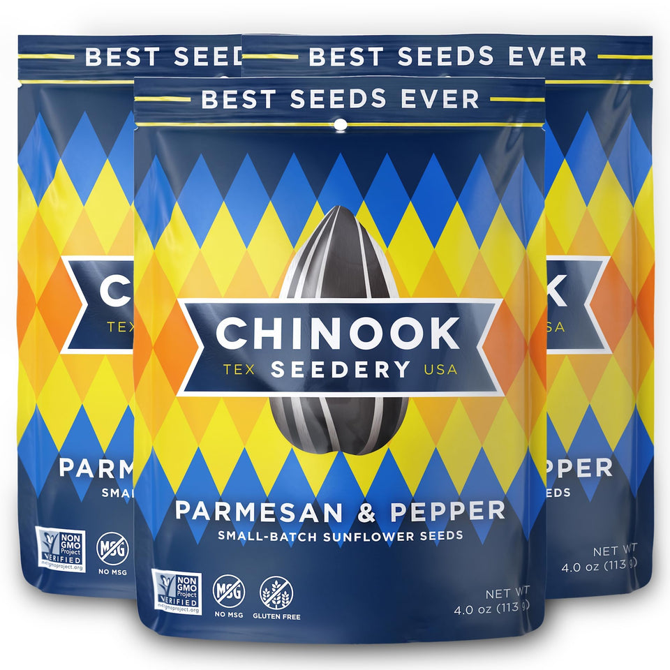 Chinook Seedery Parmesan & Pepper roasted sunflower seeds front view; savory, protein-rich snack