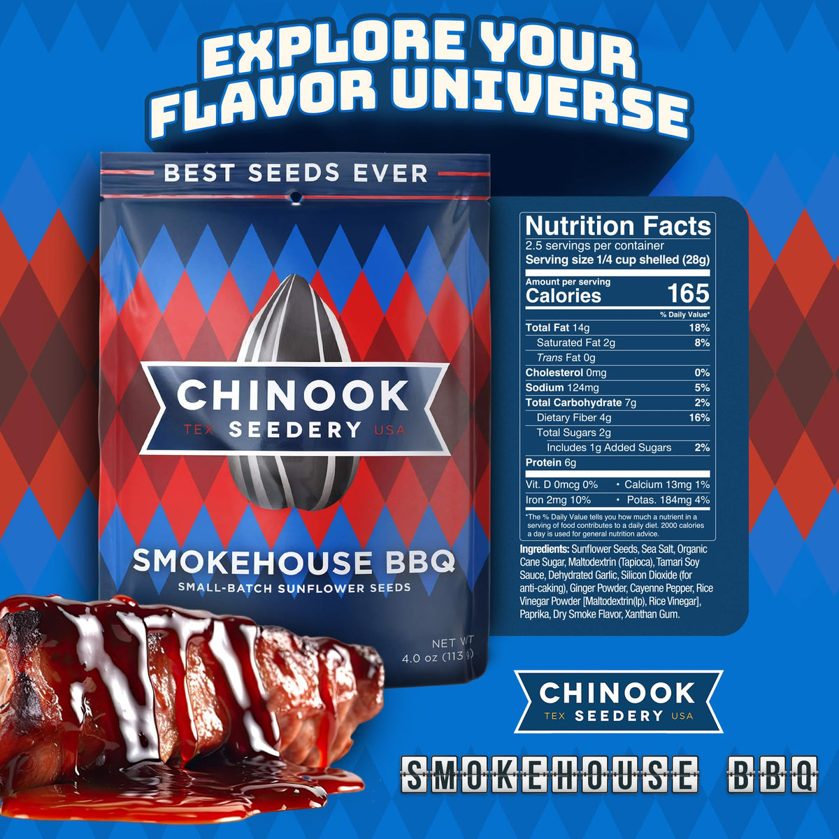 Chinook Seedery Smokehouse BBQ bag back highlights gluten-free and non-GMO attributes
