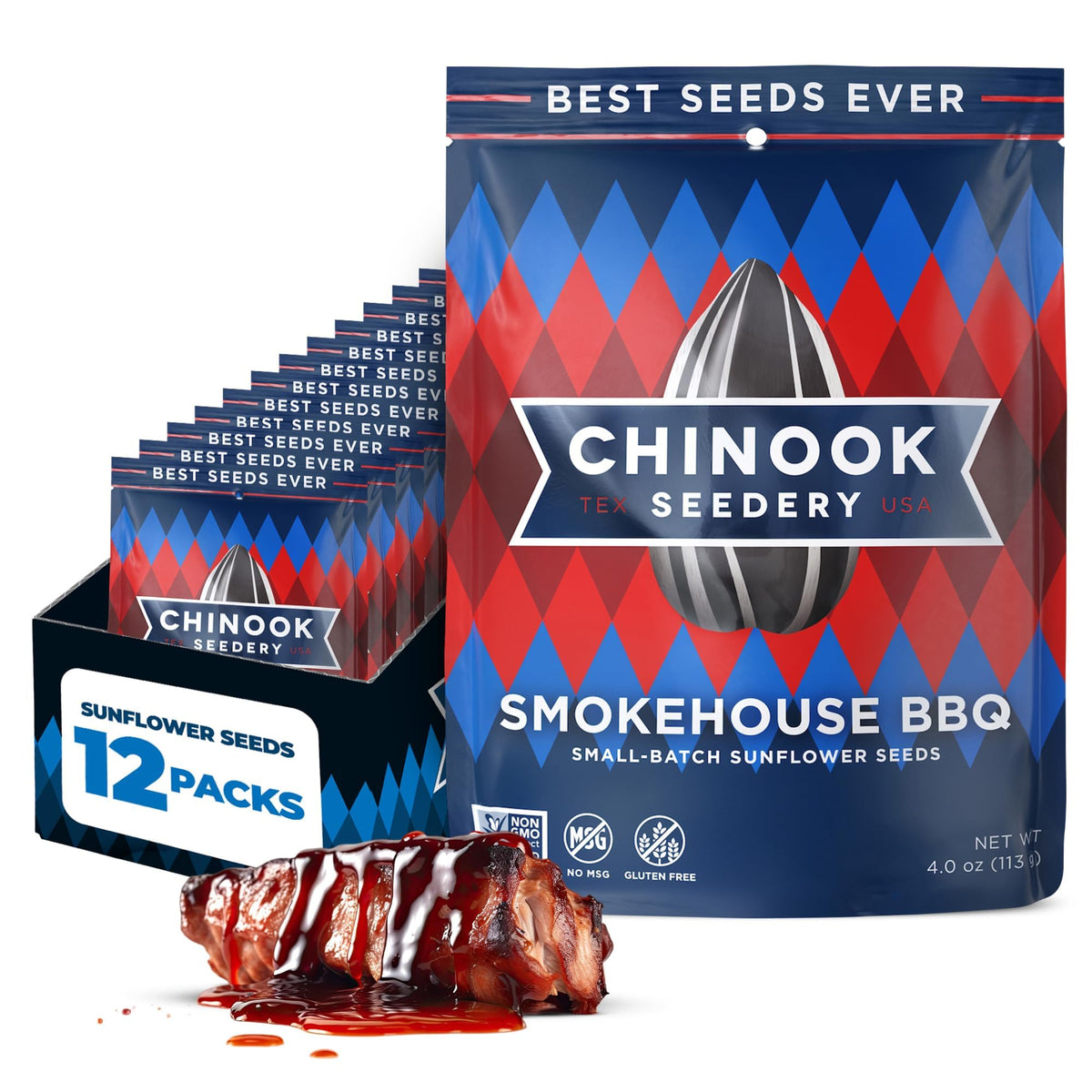 Chinook Seedery Smokehouse BBQ sunflower seeds in bag, bold savory snack for on-the-go