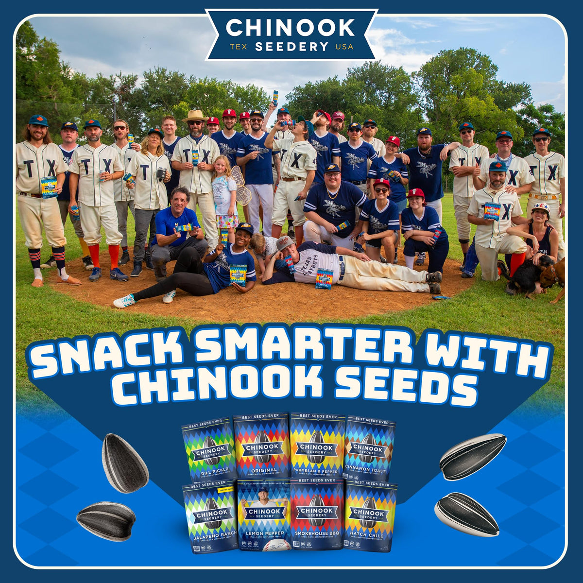 Chinook Seedery snack packs show eight flavors for easy sharing.