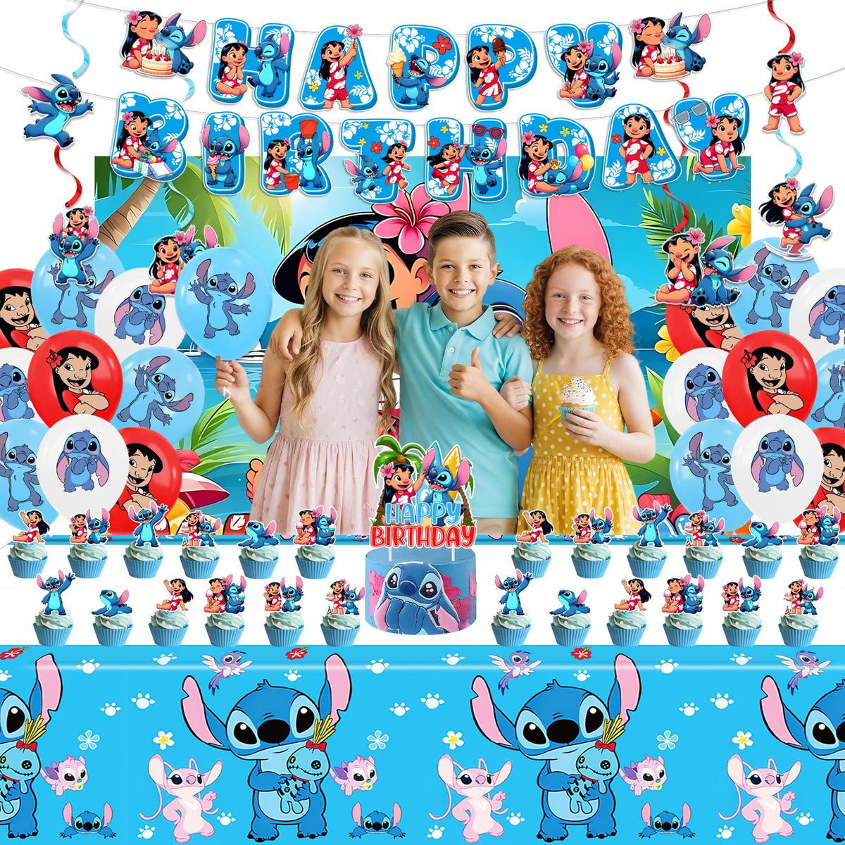 Chinovi Stitch balloons in latex multicolor brighten party decor.