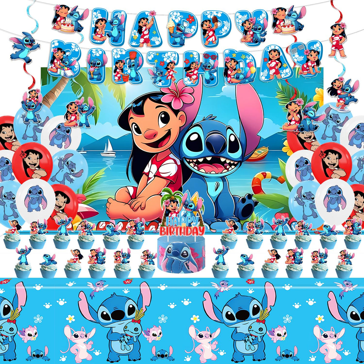 Chinovi Stitch banner for birthday party, bright and festive backdrop for photos.