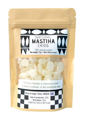 Chios Mastiha Tears Gum 25g pack close-up highlighting natural resin texture and aroma