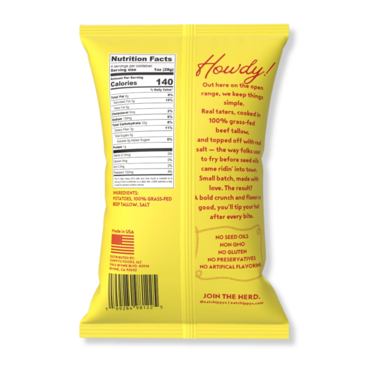 CHIPPYS grass-fed beef tallow chips close-up shows thick-cut, savory crunch.