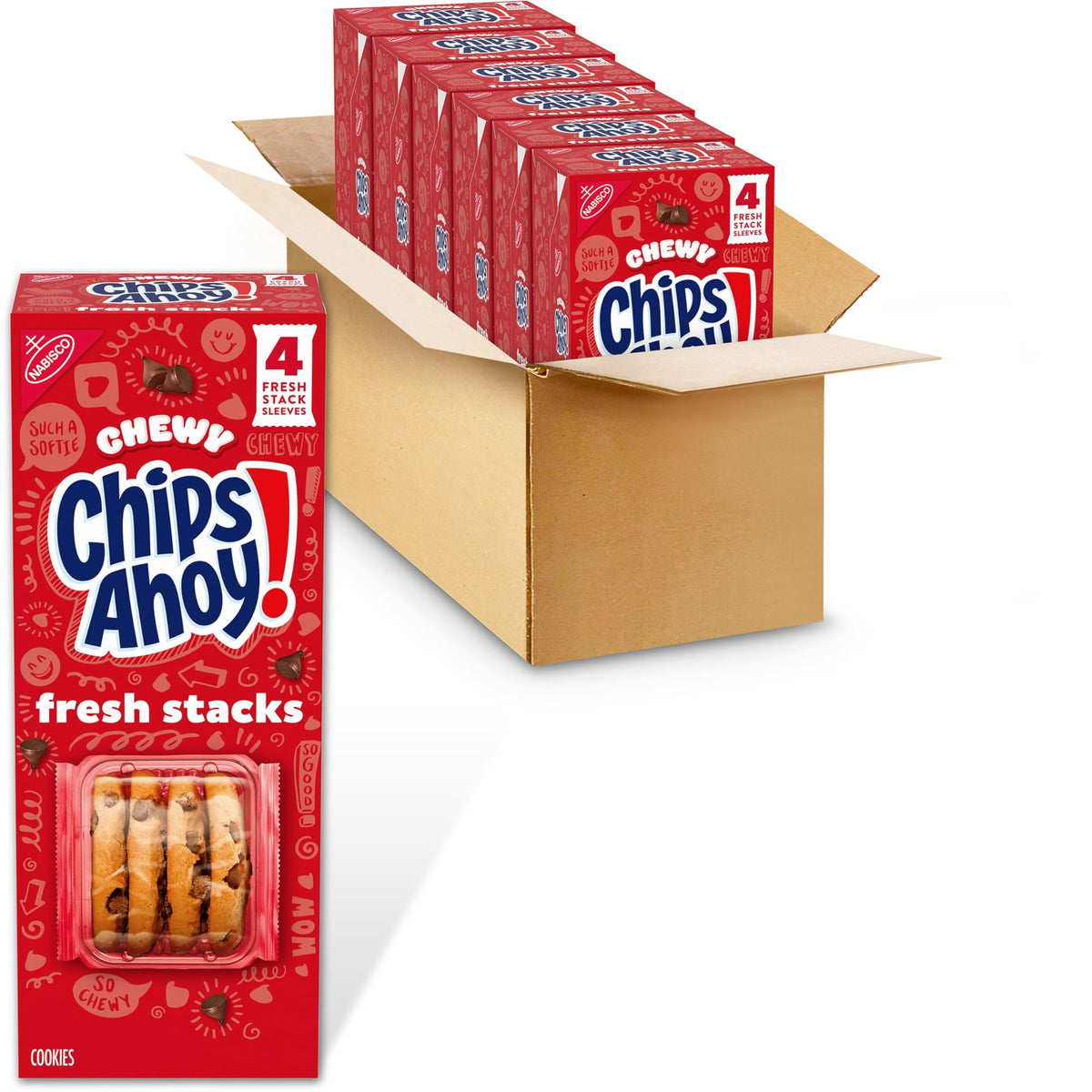 Chips Ahoy Fresh Stacks cookies in box packaging for bulk sharing.