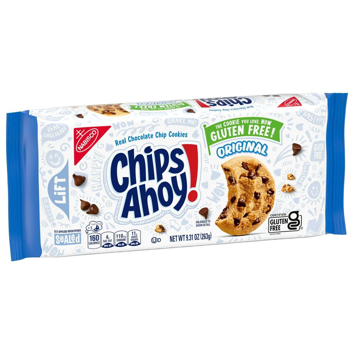 Chips Ahoy! Original Crunchy gluten-free cookies pack shot for on-the-go snacking.