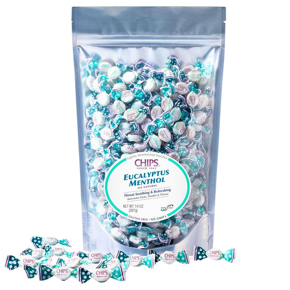 Chipurnoi CHIPS eucalyptus menthol pastilles in packaging offering soothing throat relief and refreshing breath
