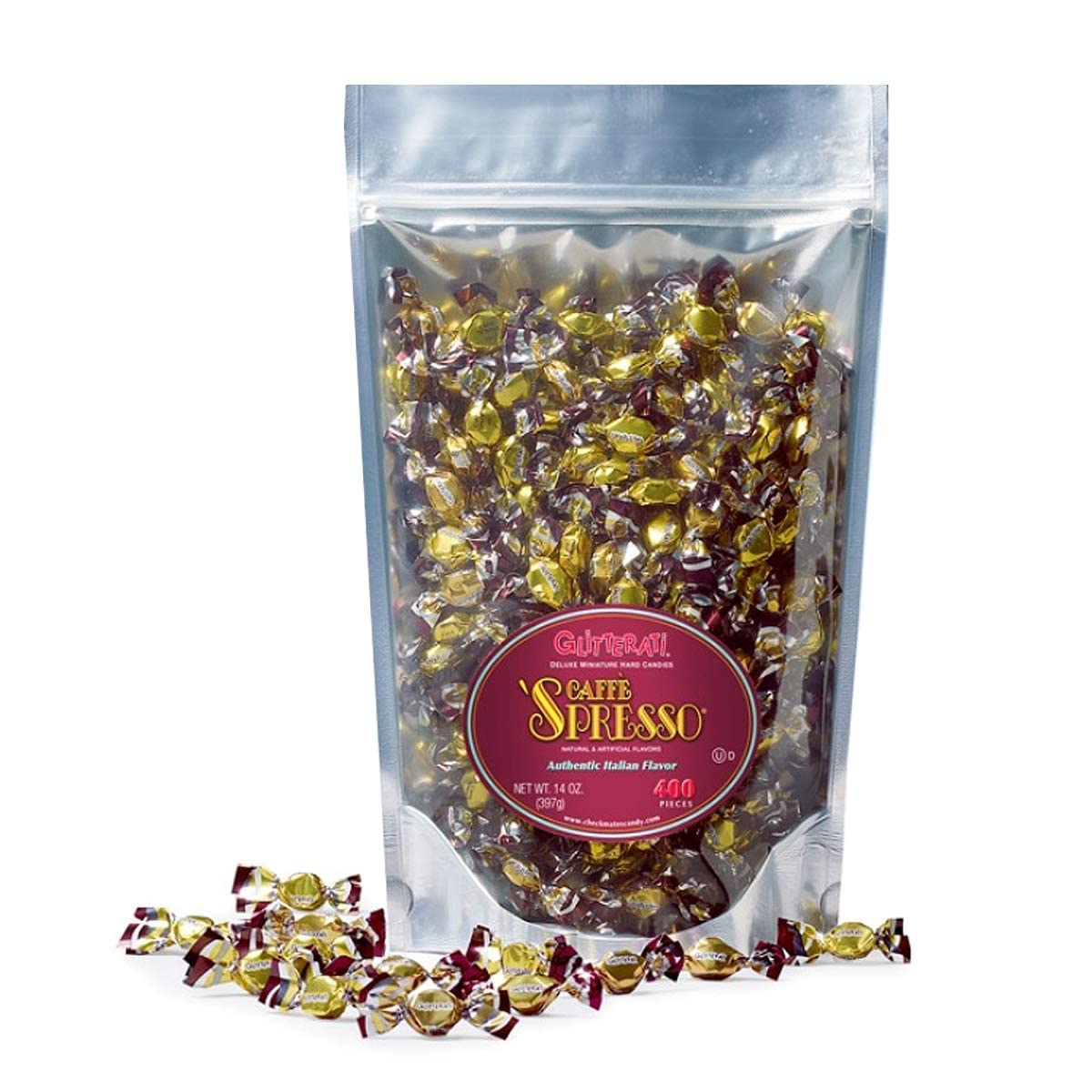 Chipurnoi Glitterati Caffè Spresso candies in a resealable pouch for easy grazing