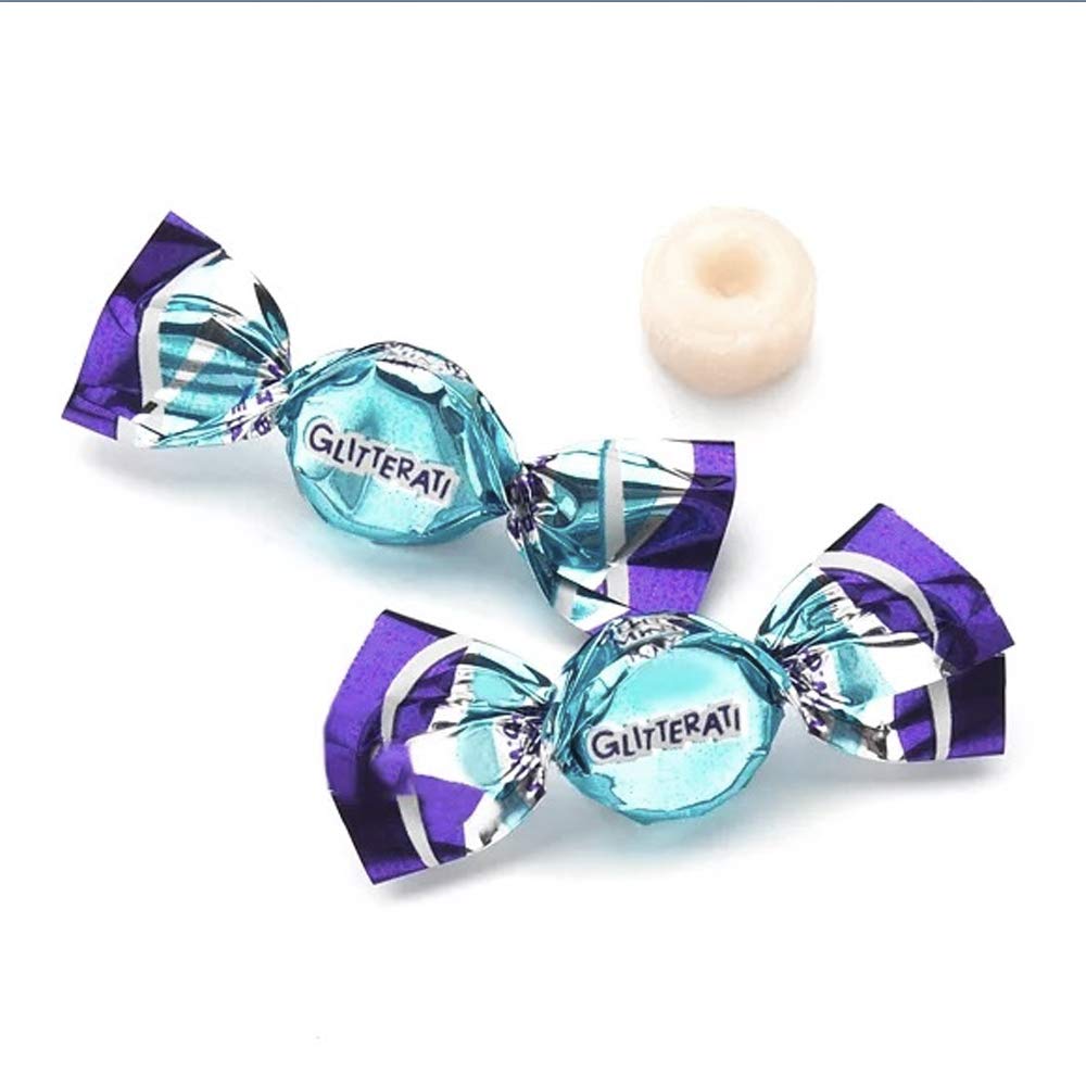 Close-up of Glitterati mint candies showing glossy wrappers and minty centers.