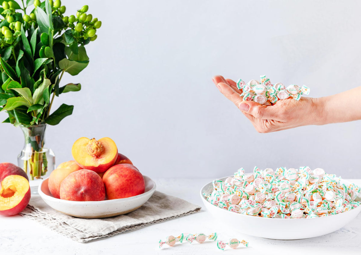 Puntini peach jujubes used as a dessert topping for a playful touch