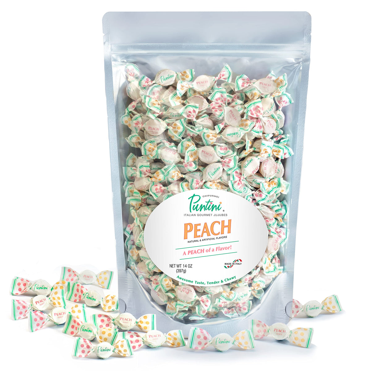 Chipurnoi Puntini peach jujubes pack with resealable pouch for freshness