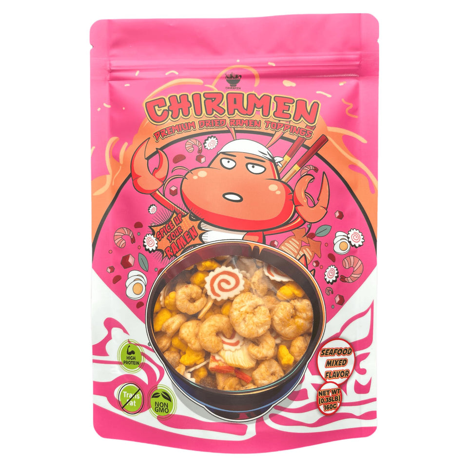 Chiramen dried seafood mix toppings package with shrimp and egg for rich ramen flavor