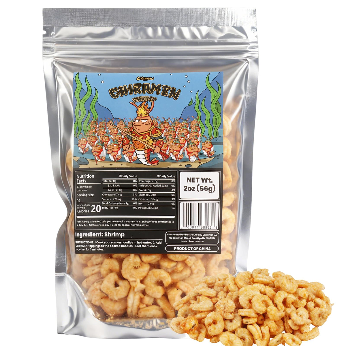 Chiramen freeze dried shrimp toppings pack beside a steaming ramen bowl for quick seafood boost