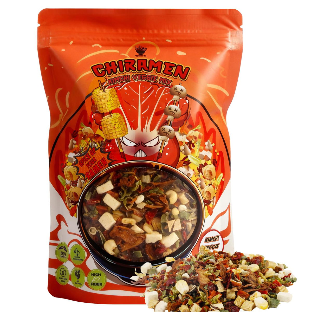 Chiramen Kimchi Veggie Mix Toppings pack for ramen flavor boost.