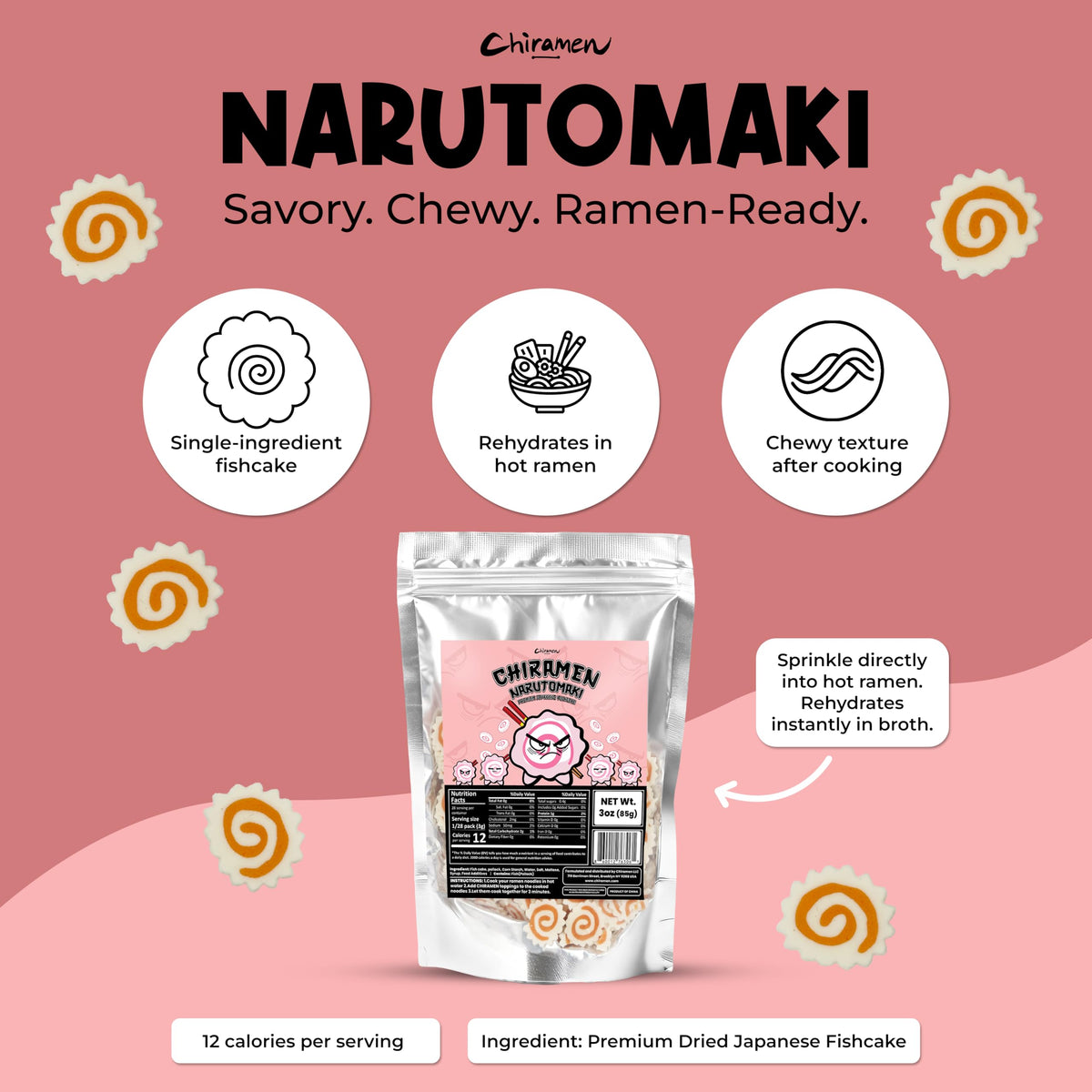 Chiramen narutomaki fish cake close-up showcases swirl and premium presentation.