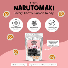 Chiramen narutomaki fish cake close-up showcases swirl and premium presentation.