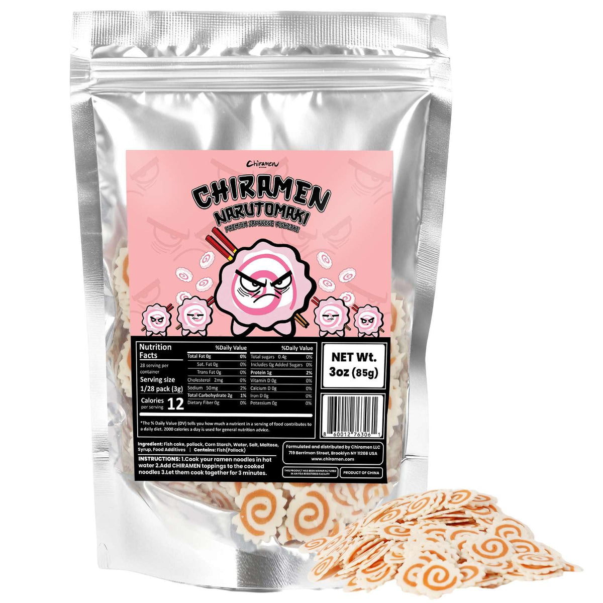 Chiramen narutomaki slices with pink swirl add authentic ramen color.