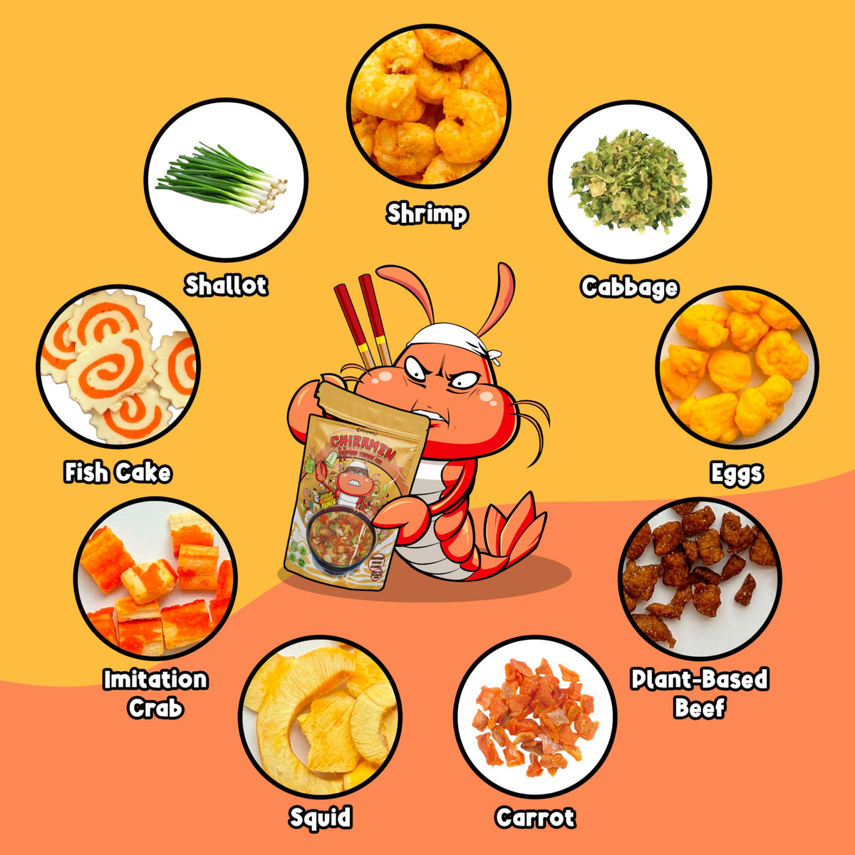 Chiramen Seafood Veggie Mix Toppings imitation crab brighten cup noodles with color and subtle sweetness.