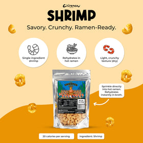 Chiramen shrimp toppings added to cup noodles for extra protein and texture