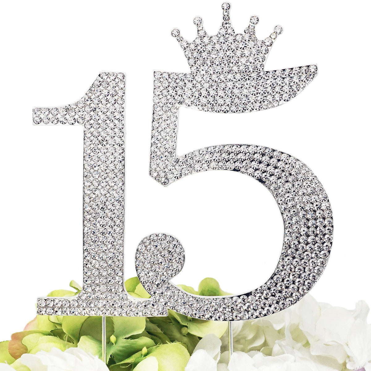 Chloe Elizabeth Number 15 crown topper front view adds unique sparkle to a cake