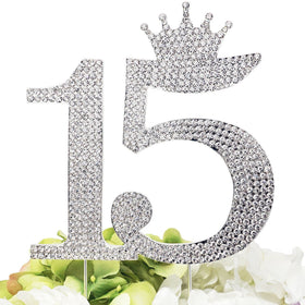 Chloe Elizabeth Number 15 crown topper front view adds unique sparkle to a cake