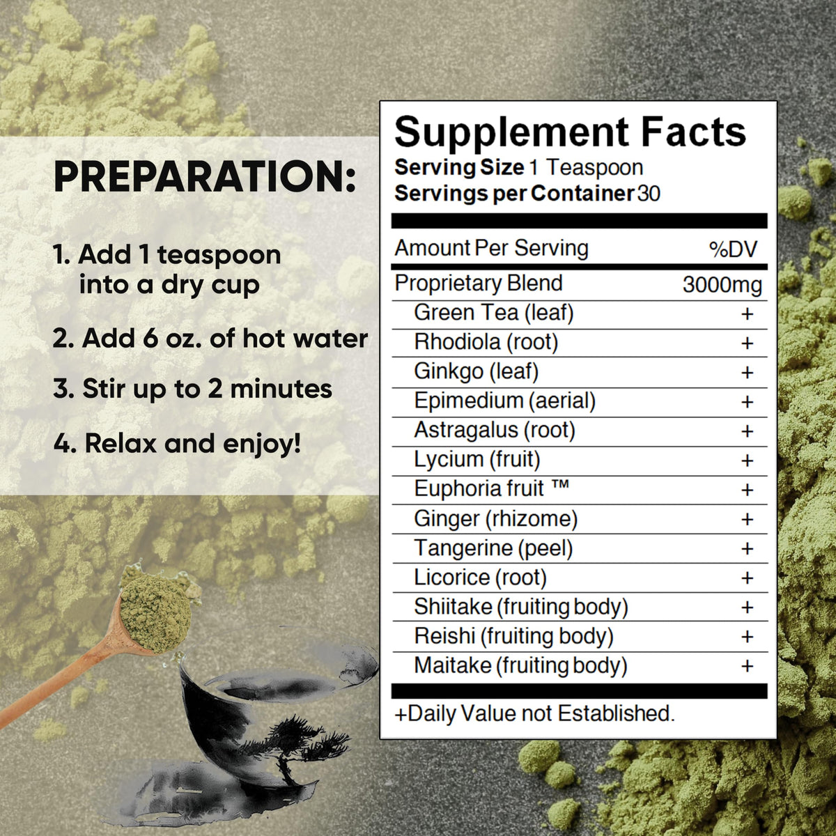 Close-up of CHO-WA herbal ingredients emphasizing Japanese origin and natural blend.