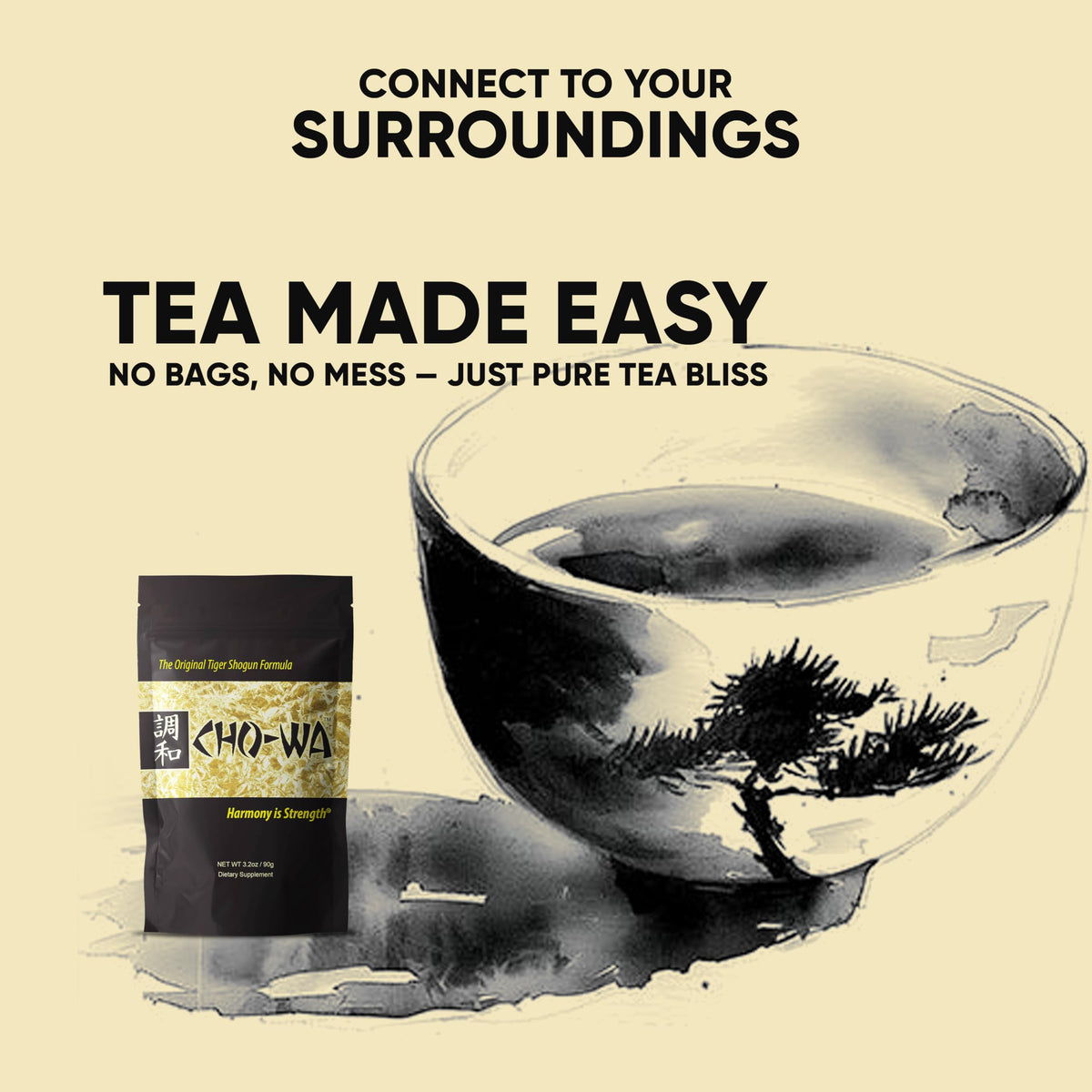 Teacup with CHO-WA Harmony Tea steeping and releasing inviting aromas.