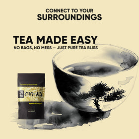 Teacup with CHO-WA Harmony Tea steeping and releasing inviting aromas.