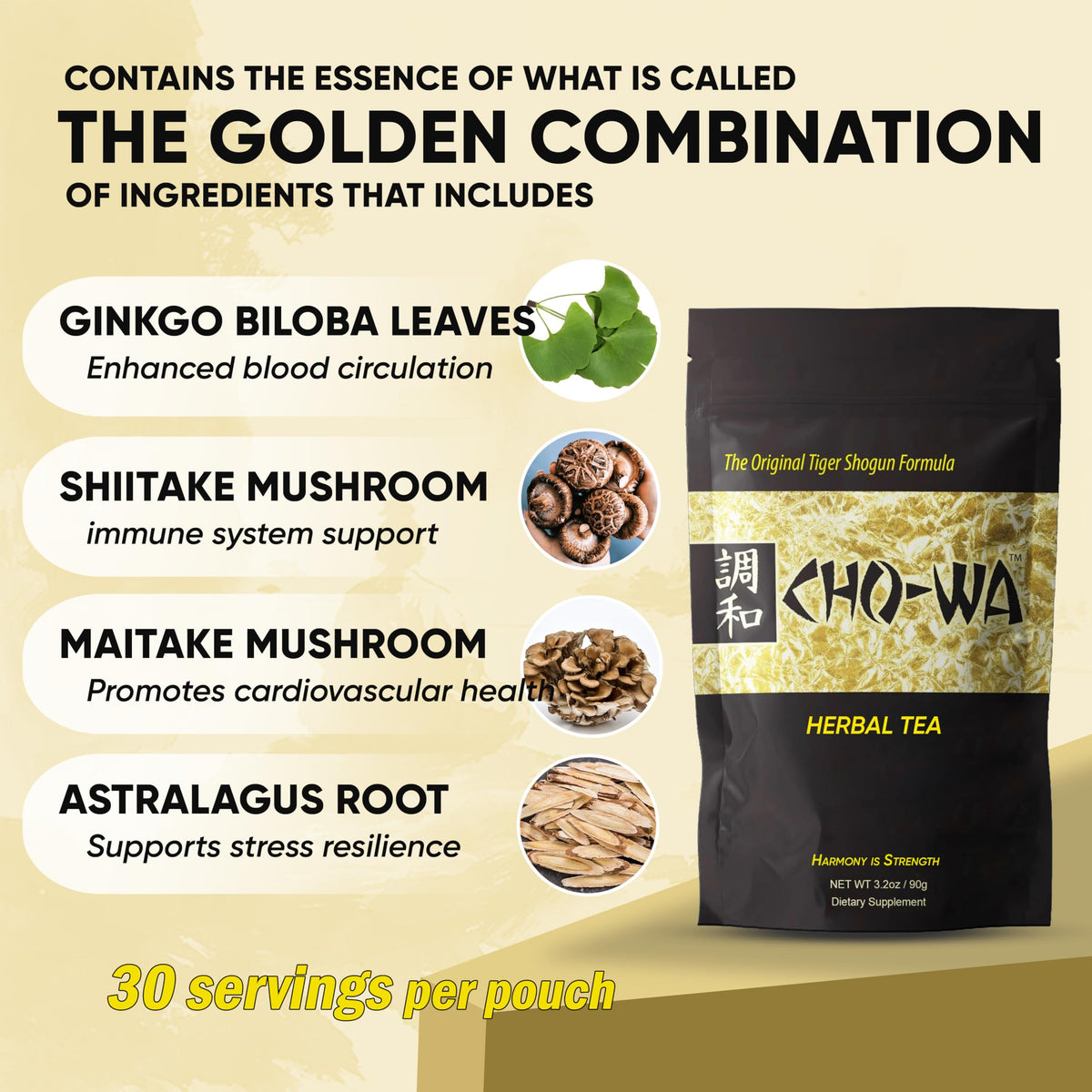 CHO-WA Harmony Tiger Shogun formula shown with packaging and brewing options.
