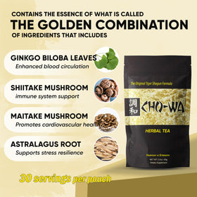 CHO-WA Harmony Tiger Shogun formula shown with packaging and brewing options.