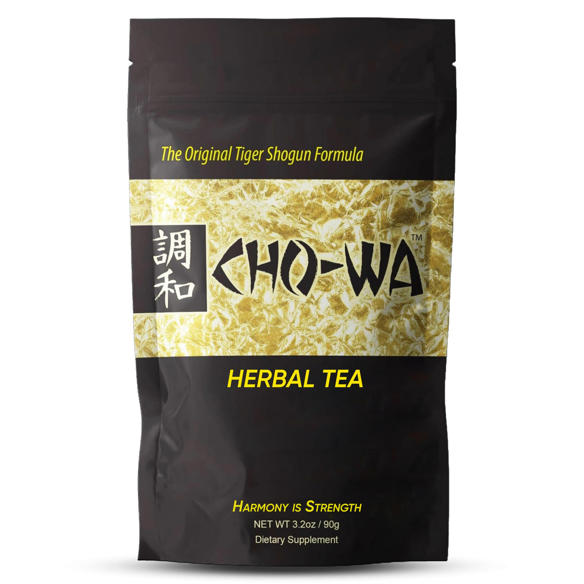 CHO-WA Harmony Tiger Shogun packaging highlights premium herbal tea benefits.