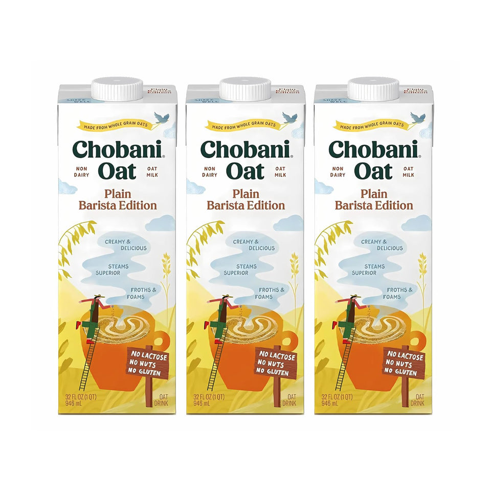 Chobani Oat Milk Barista Edition bottle pour for creamy, dairy-free coffee