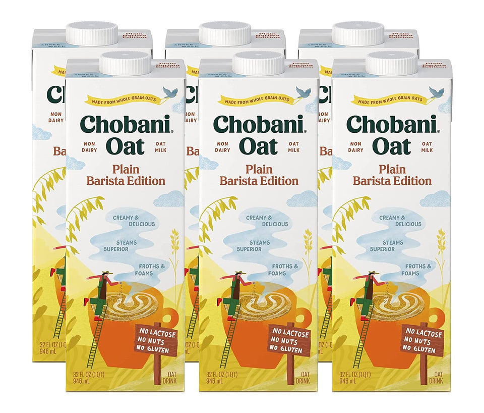 Chobani Oat Milk Barista Edition bottle, dairy-free creamer for coffee.