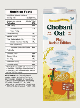 Dairy-free and gluten-free oat milk ideal for vegan beverages with Chobani Barista Edition.