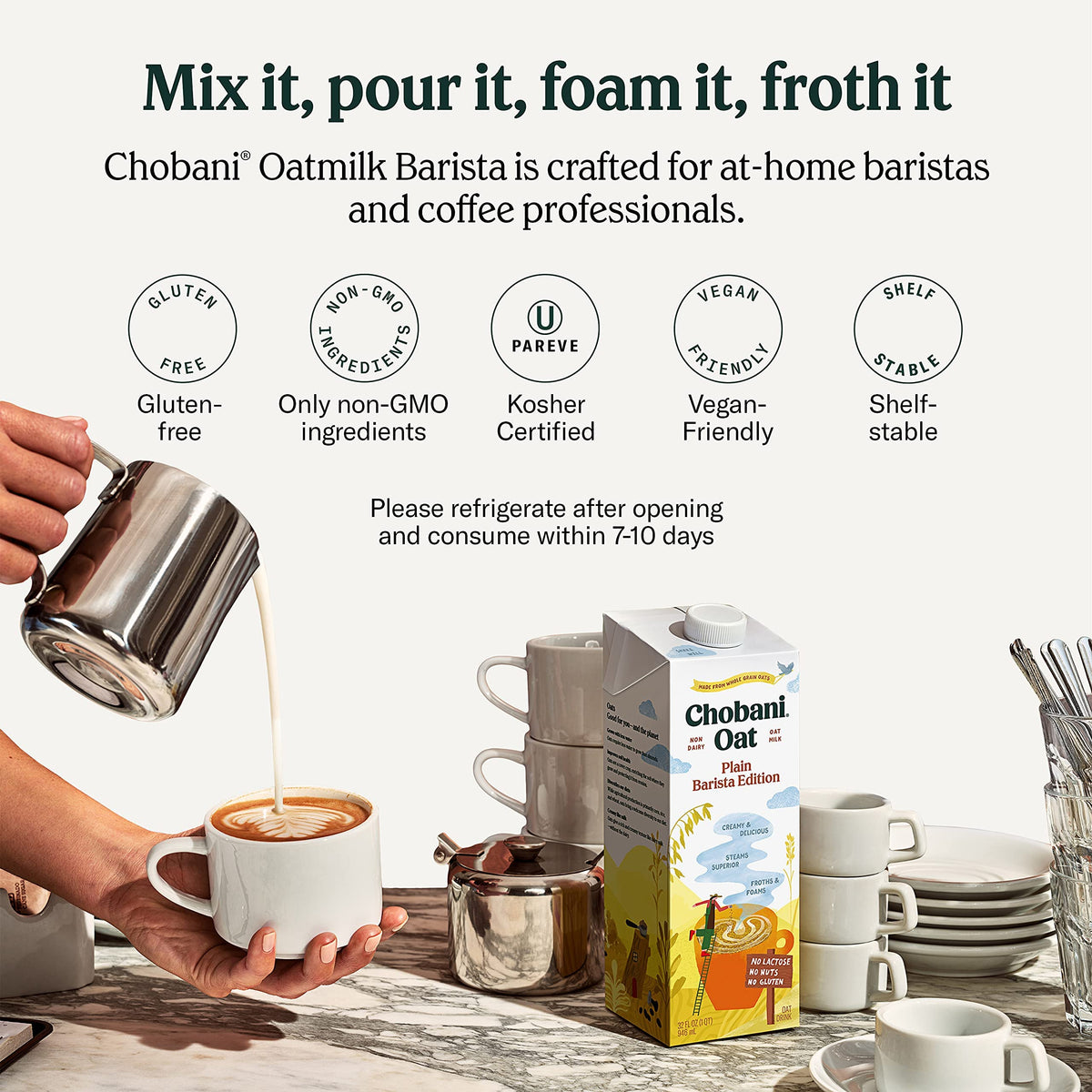 Six-pack shelf-stable oat milk for easy pantry coffee with Chobani Barista Edition.