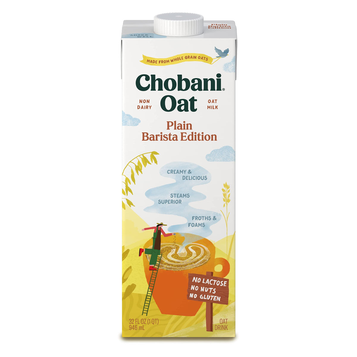 Chobani Oat Milk Barista Edition being poured into coffee for frothy texture.