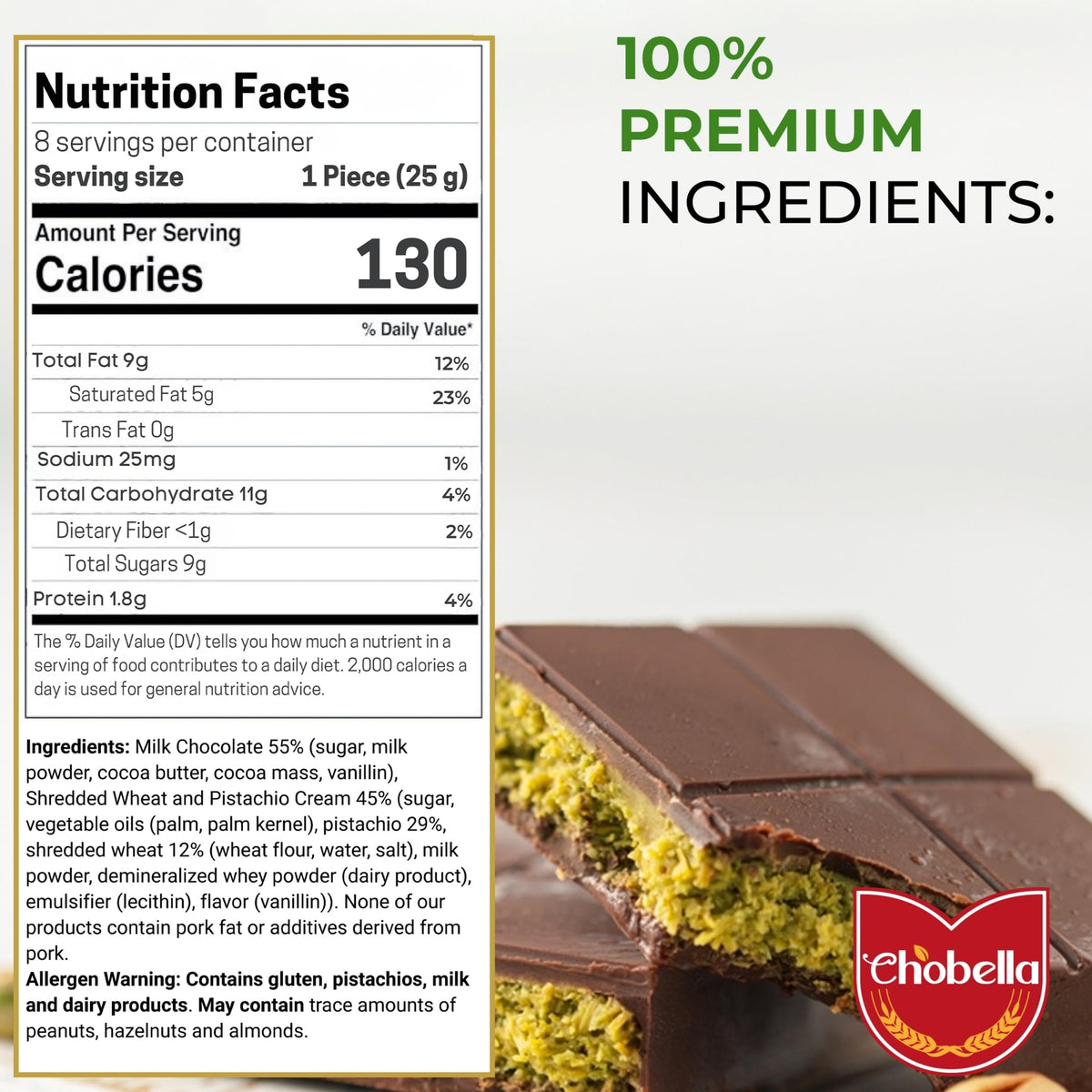 Chobella Dubai chocolate bar with kataifi crunch, adds pastry-like texture.