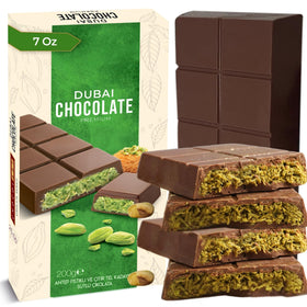 Chobella Dubai Pistachio Cream Bar with pistachio filling and kataifi crunch, luxurious texture.