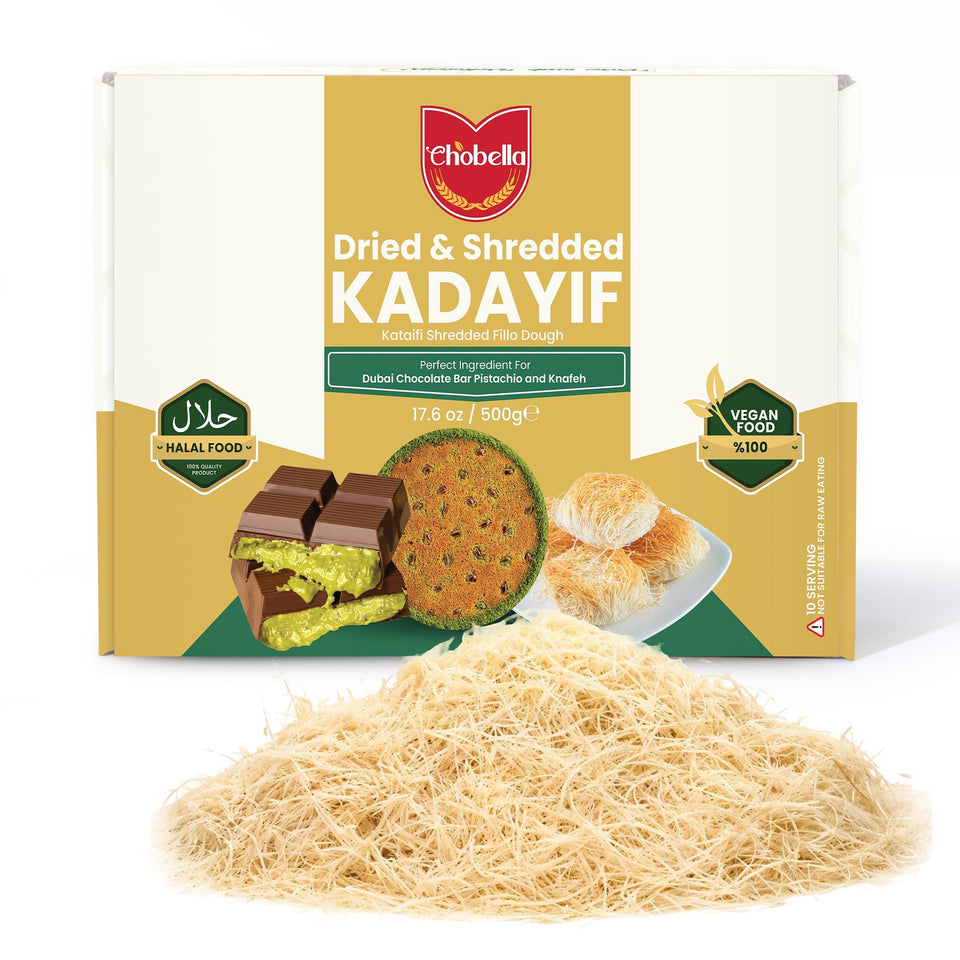 Chobella Kataifi Fillo Dough 500g pack, premium ingredient for kunafa and baklava, crisp texture