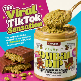 Chocbox Dubai Dip ingredients jar shows pistachios and tahini packaging.