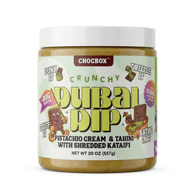 Chocbox Dubai Dip jar front highlights premium pistachio cream and kataifi texture.