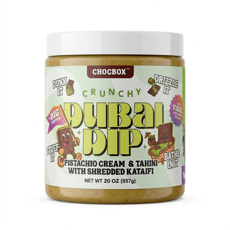Chocbox Dubai Dip jar front highlights premium pistachio cream and kataifi texture.