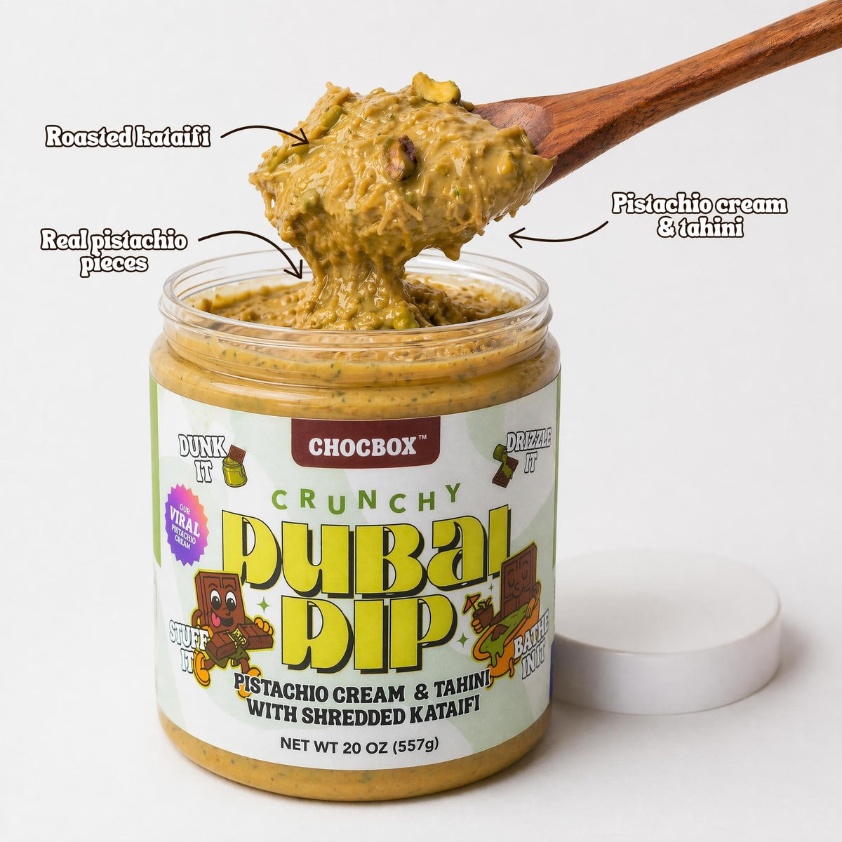 Chocbox Pistachio Cream Spread close-up emphasizes nutty flavor and tahini depth.