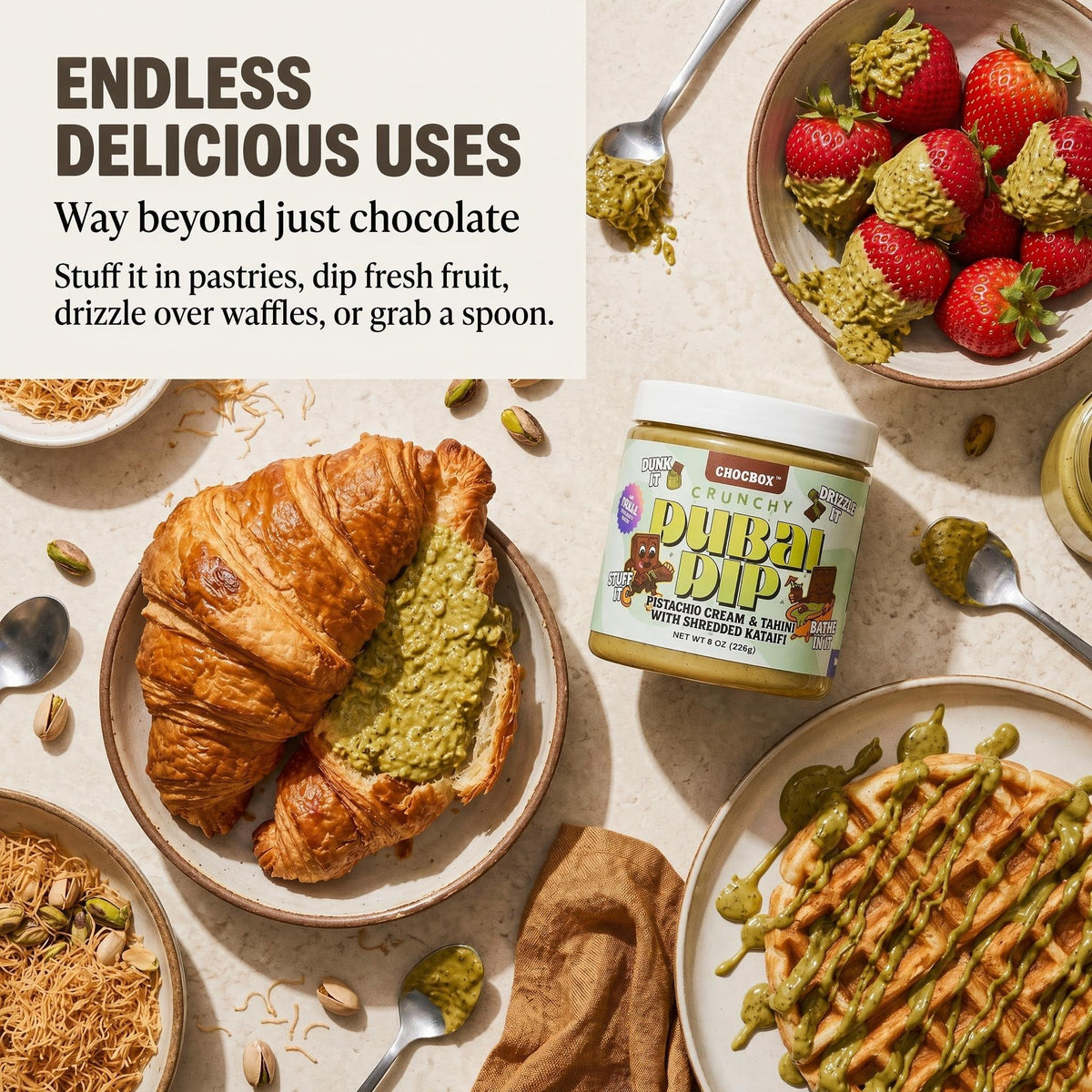 Chocbox Dubai Dip on pastries emphasizes indulgent flavor with crunch