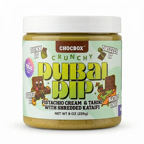 Chocbox Viral Dubai Dip pistachio-tahini jar closeup showing creamy texture and kataifi crunch
