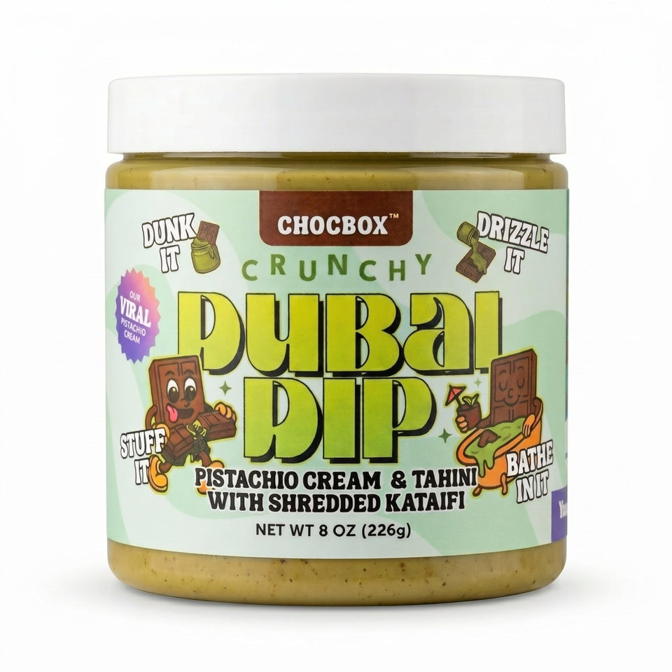 Chocbox Viral Dubai Dip pistachio-tahini jar closeup showing creamy texture and kataifi crunch