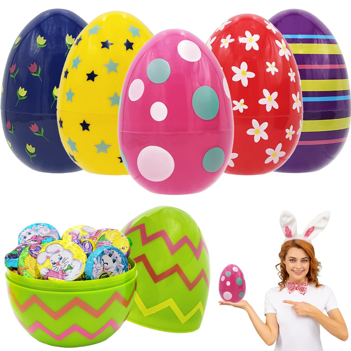 Chochkees jumbo painted fillable Easter egg with open halves for easy filling and gifting