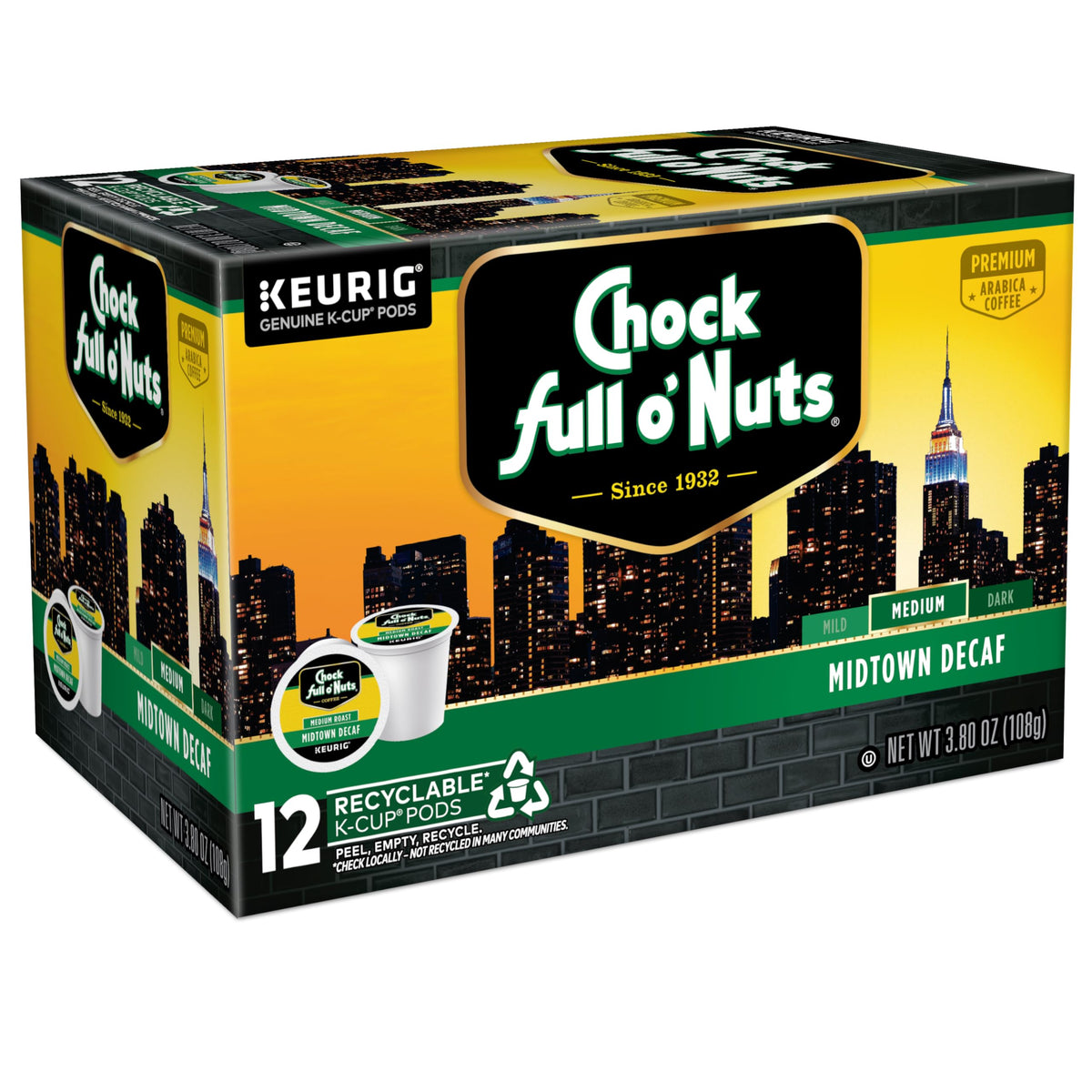 Chock Full o' Nuts Midtown Decaf K-Cup pods with premium Arabica beans and smooth aroma.