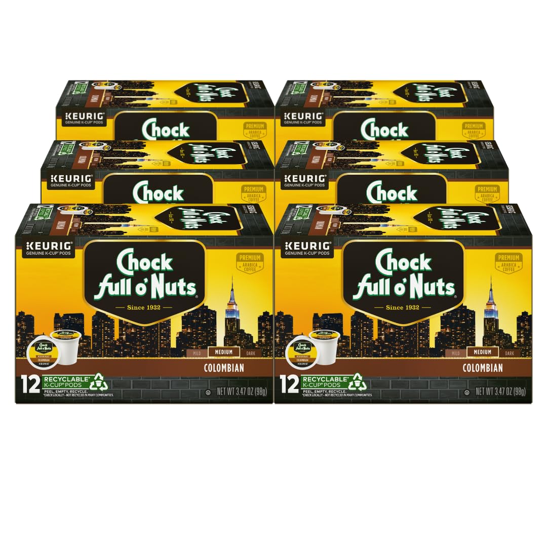 Chock Full o’ Nuts Colombian Arabica Keurig pods 6-pack ready for easy mornings.